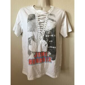 Rockin Artwork White Jimi Hendrix Crew Neck Lace Up Short Sleeve Top Size S